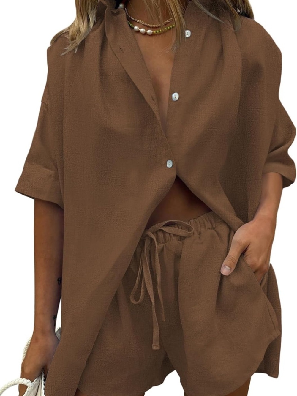 Brown Two-Piece Button Shirt and Drawstring Shorts Set